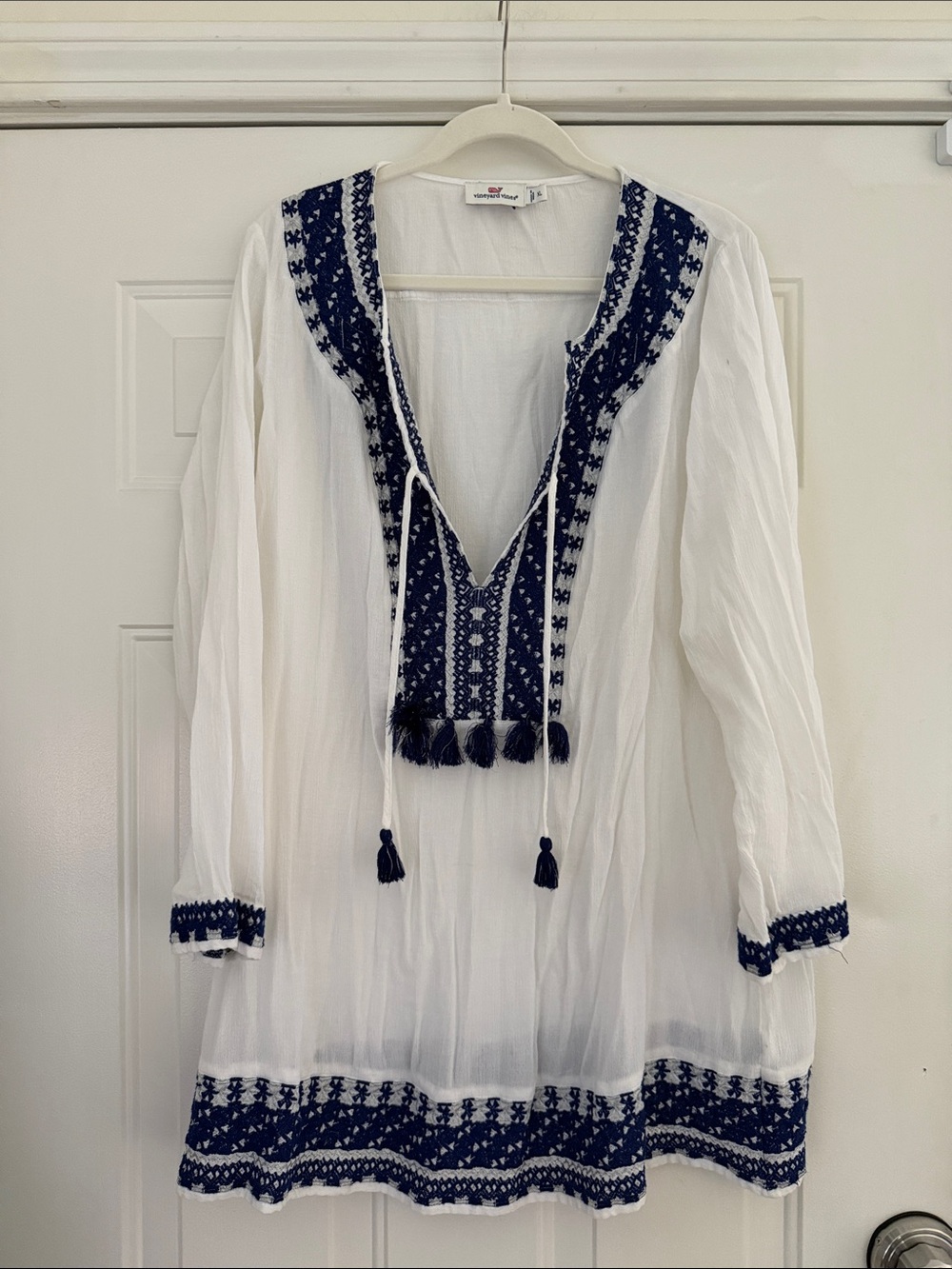 Vineyard Vines White Tunic Swim Coverup with Navy Embroidery. Sz xl